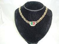 Vintage 80s  Red and Green Glass Diamante Fancy Gold Link Necklace FAB