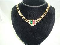 Vintage 80s  Red and Green Glass Diamante Fancy Gold Link Necklace FAB