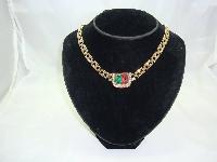 Vintage 80s  Red and Green Glass Diamante Fancy Gold Link Necklace FAB