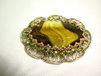 Vintage 50s Large Moss Green Agate Glass and Diamante Scallop Brooch