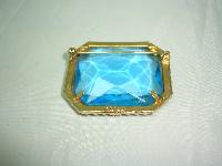 Vintage 50s Big Turquoise Blue Faceted Glass Stone Gold Brooch Signed!