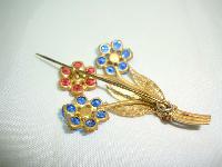 Vintage 30s Czech Blue & Pink Crystal Flower Brooch 
