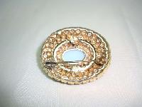Vintage 50s Blue Glass & AB Diamante Pearl Oval Brooch
