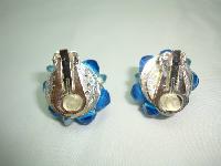 1950s Stunning Blue Glass Bead Flower Clip On Earrings