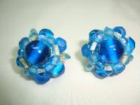 1950s Stunning Blue Glass Bead Flower Clip On Earrings