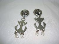 1980s Nautical Anchor Enamel Silver Clip On Earrings 
