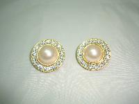 1980s Round Faux Pearl & Diamante Clip On Gold Earrings