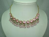 1950s FAB Pink Diamante Flower Bead Drop Gold Necklace 