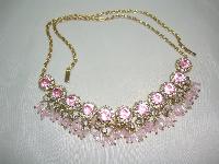 1950s FAB Pink Diamante Flower Bead Drop Gold Necklace 