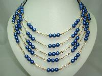1950s 5 Row Blue Glass Pearl Bead Gold Link Necklace 