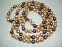 1980s Long Gold Brown  Glass Faux Pearl Bead Necklace 