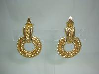 1980s Trifari Textured Hoop Drop Gold Clip On Earrings