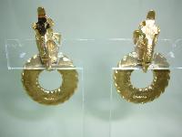 1980s Trifari Textured Hoop Drop Gold Clip On Earrings