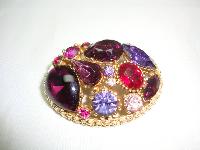 Vintage 50s Sphinx Purple Pink Glass Diamante Domed Gold Brooch