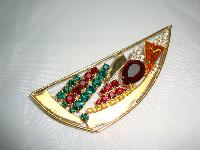 Vintage 80s Abstract Multicoloured Diamante Gold Brooch
