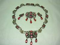 1950s Signed Jewelcraft Ornate Pink Diamante Necklace Brooch Earrings