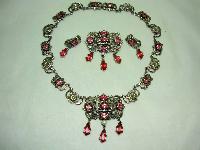 1950s Signed Jewelcraft Ornate Pink Diamante Necklace Brooch Earrings
