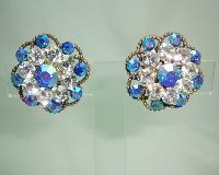Vintage 50s Blue & Clear Diamante Flower Clip On Earrings