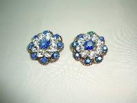Vintage 50s Blue & Clear Diamante Flower Clip On Earrings