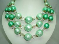50s Signed Vendome 3 Row Green Pearl  Crystal Necklace and Earrings 
