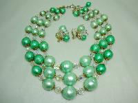 50s Signed Vendome 3 Row Green Pearl  Crystal Necklace and Earrings 