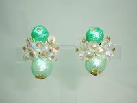 50s Signed Vendome 3 Row Green Pearl  Crystal Necklace and Earrings 