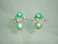 50s Signed Vendome 3 Row Green Pearl  Crystal Necklace and Earrings 
