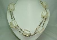 Vintage 70s Chunky Clear White Lucite Cube Bead Silvertone Necklace