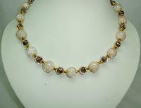 Vintage 30s Art Glass Cream and Brown Gold Flecked Glass Bead Necklace