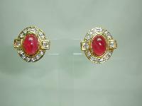1980s Diamante and Red Cabochon Glass Clip On Gold Earrings - Quality 