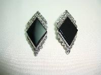 Art Deco Style Sterling Silver Black Onyx + Marcasite Clip on Earrings