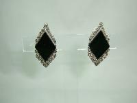 Art Deco Style Sterling Silver Black Onyx + Marcasite Clip on Earrings
