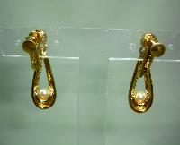 Vintage 80s Signed Napier Faux Pearl Gold Dangle Drop Clip on Earrings