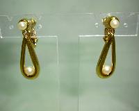 Vintage 80s Signed Napier Faux Pearl Gold Dangle Drop Clip on Earrings