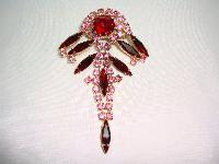 Vintage 50s Unusual Pink and Red Diamante Flower Dangle Drop Brooch