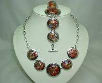 Fabulous Chunky Red Murano Glass Circles Silver Necklace and Bracelet 