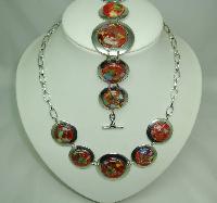 Fabulous Chunky Red Murano Glass Circles Silver Necklace and Bracelet 
