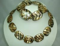 Chunky Gold Black Stripe Lucite Bead Necklace with Matching Bracelet
