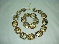 Chunky Gold Black Stripe Lucite Bead Necklace with Matching Bracelet