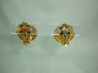 Vintage 80s Quality Domed Brown Gold Enamel Diamante Clip On Earrings