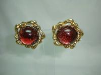 Vintage 50s Fabulous Chunky Domed Red Lucite Goldtone Clip On Earrings