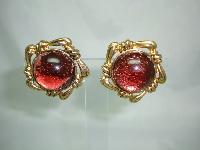 Vintage 50s Fabulous Chunky Domed Red Lucite Goldtone Clip On Earrings