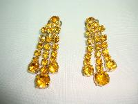 1950s Sparkling Citrine Amber Diamante Dangle Tassel Clip On Earrings