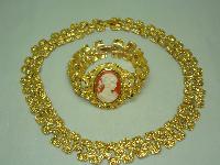1960s Signed Majestic 22ct Gold Plate Necklace and Cameo Bracelet Set 