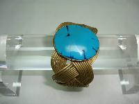 Unique Wide Pleated Style Gold Cuff Bangle with Large Turquoise Stone