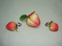 Vintage 50s Adorable Silk Peach Fruit Brooch and Clip On Earrings Set