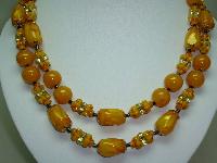 Vintage 50s Stunning 2 Row Amber & Gold Lucite Lustre Bead Necklace