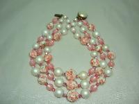 1950s Fab 3 Row Pink and White Lucite Crystal and Pearl Bead Necklace