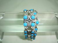 50s Style Wide Turquoise Blue Dangle Drop Ornate Link Silver Bracelet
