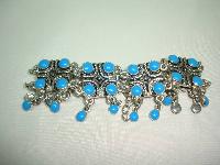 50s Style Wide Turquoise Blue Dangle Drop Ornate Link Silver Bracelet